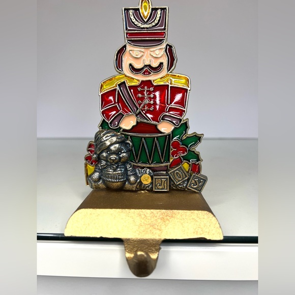 Vintage Stained Glass Christmas Stocking Hook Hanger Nutcracker Drummer Heavy - Picture 3 of 8